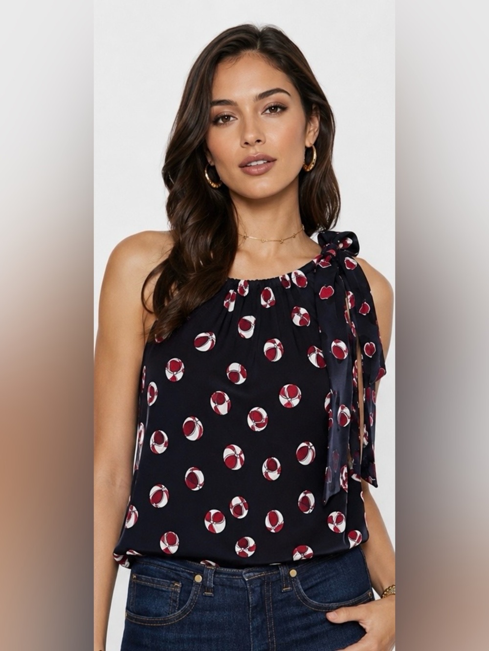 Gucci Navy Short Sleeve One-Shoulder Top with Red and White Print